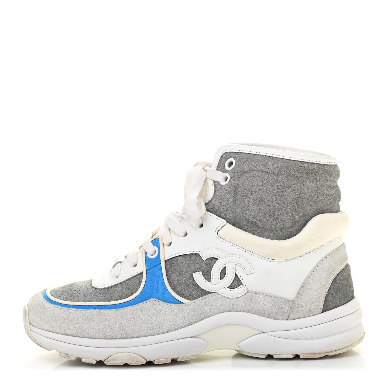 Chanel Suede Calfskin Lambskin High Top CC Sneakers 36 White Grey Fluo Blue 1 of 11
