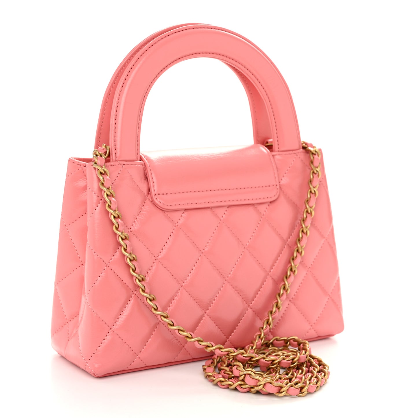 Shiny Aged Calfskin Quilted Nano Kelly Shopper Coral Pink