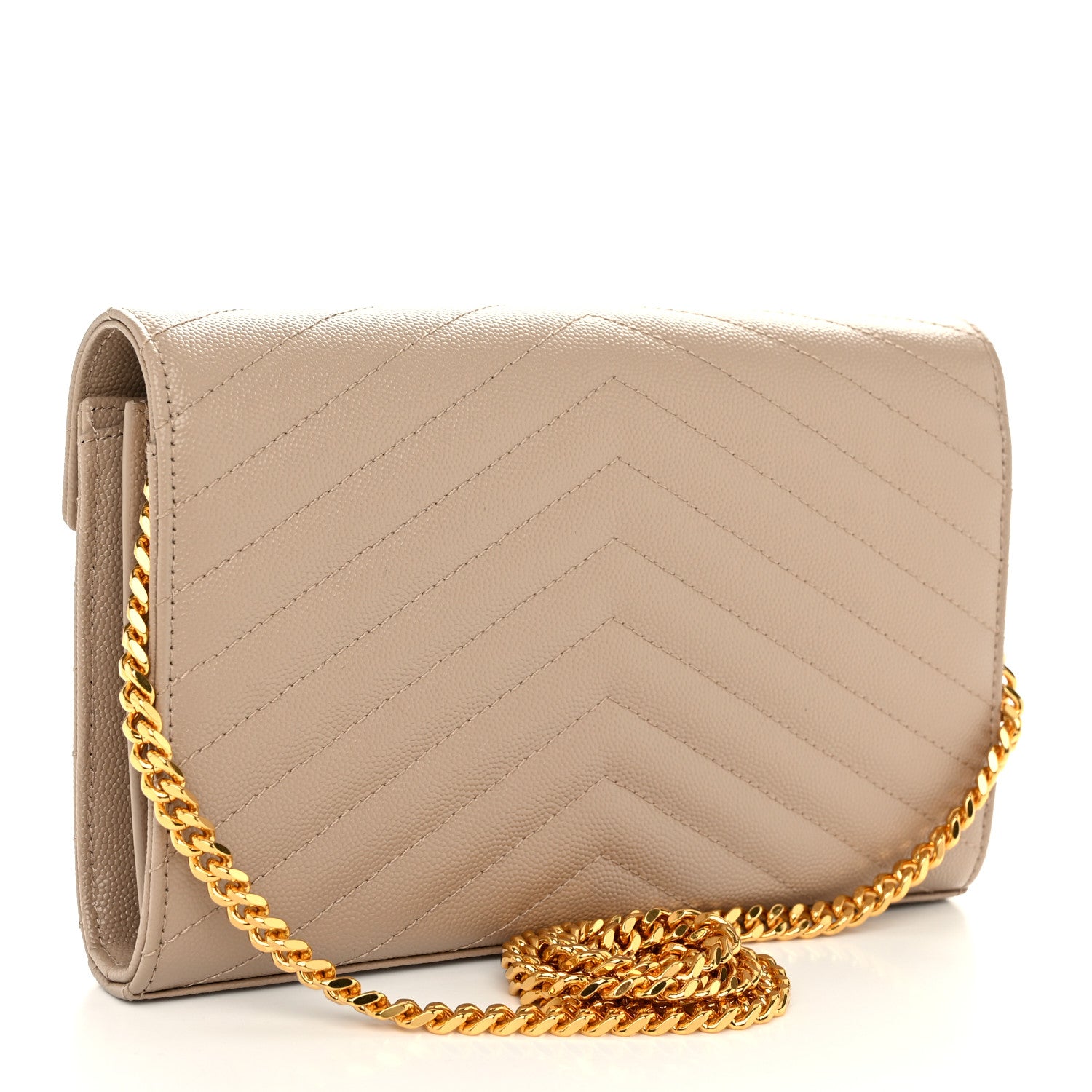 Saint Laurent Grain De Poudre Matelasse Chevron Monogram Chain Wallet Dark Beige 3 of 10