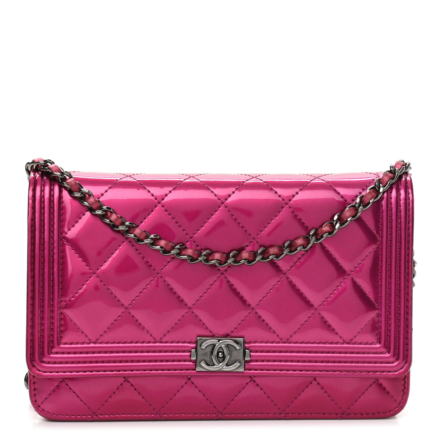 Metallic Patent Calfskin Quilted Boy Wallet On Chain WOC Fuchsia
