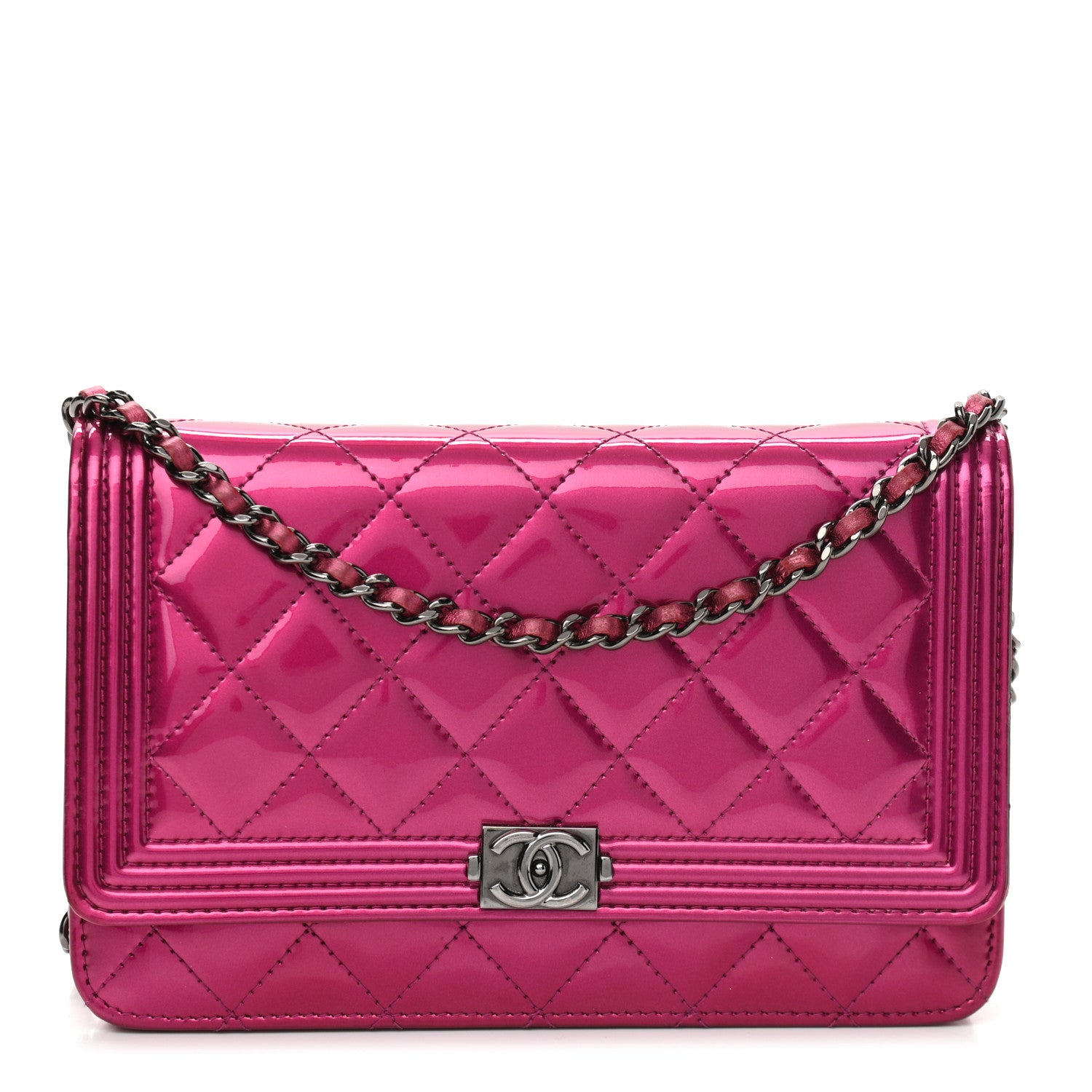 Chanel Metallic Patent Calfskin Quilted Boy Wallet On Chain WOC Fuchsia 1 of 11