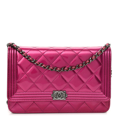 Chanel Metallic Patent Calfskin Quilted Boy Wallet On Chain WOC Fuchsia 1 of 11