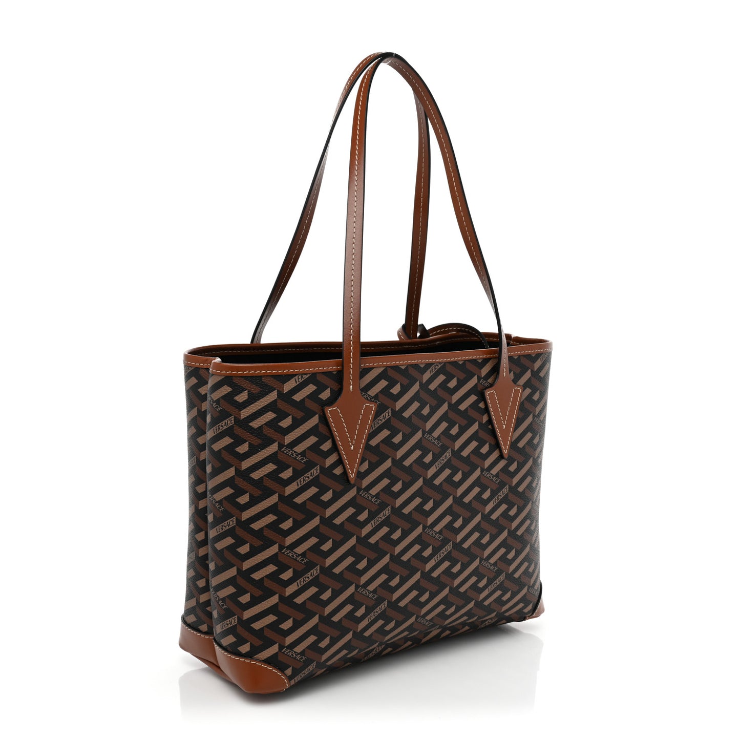 Coated Canvas Calfskin La Greca Signature Shopper Tote Bag Black Caramel