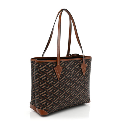 Versace Coated Canvas Calfskin La Greca Signature Shopper Tote Bag Black Caramel 4 of 10