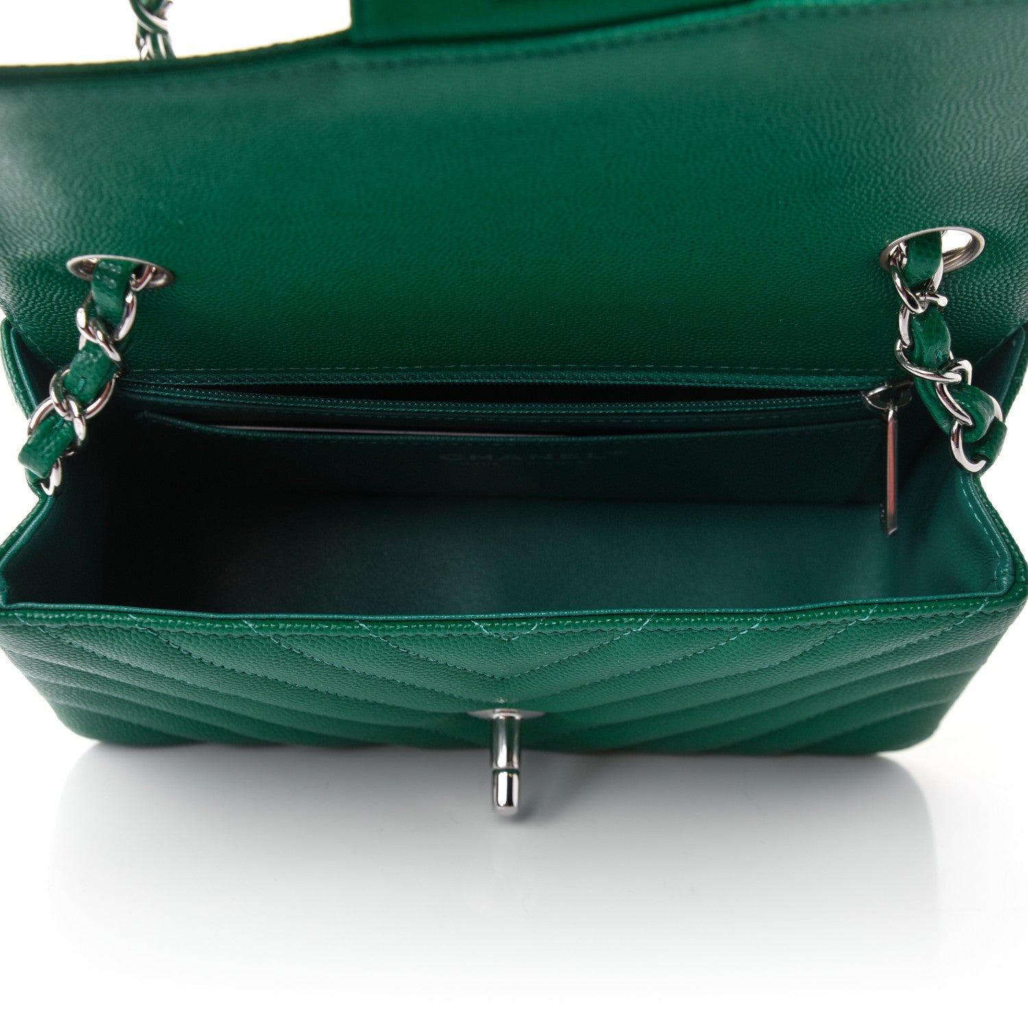 Chanel Caviar Chevron Quilted Mini Rectangular Flap Dark Green 5 of 11