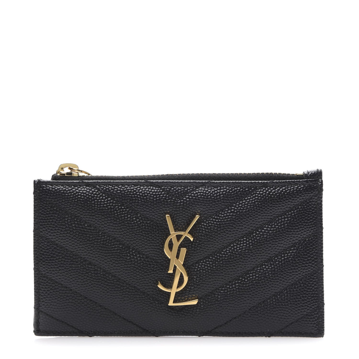Saint Laurent Grain De Poudre Matelasse Chevron Monogram Fragments Zippered Card Case Black 1 of 7