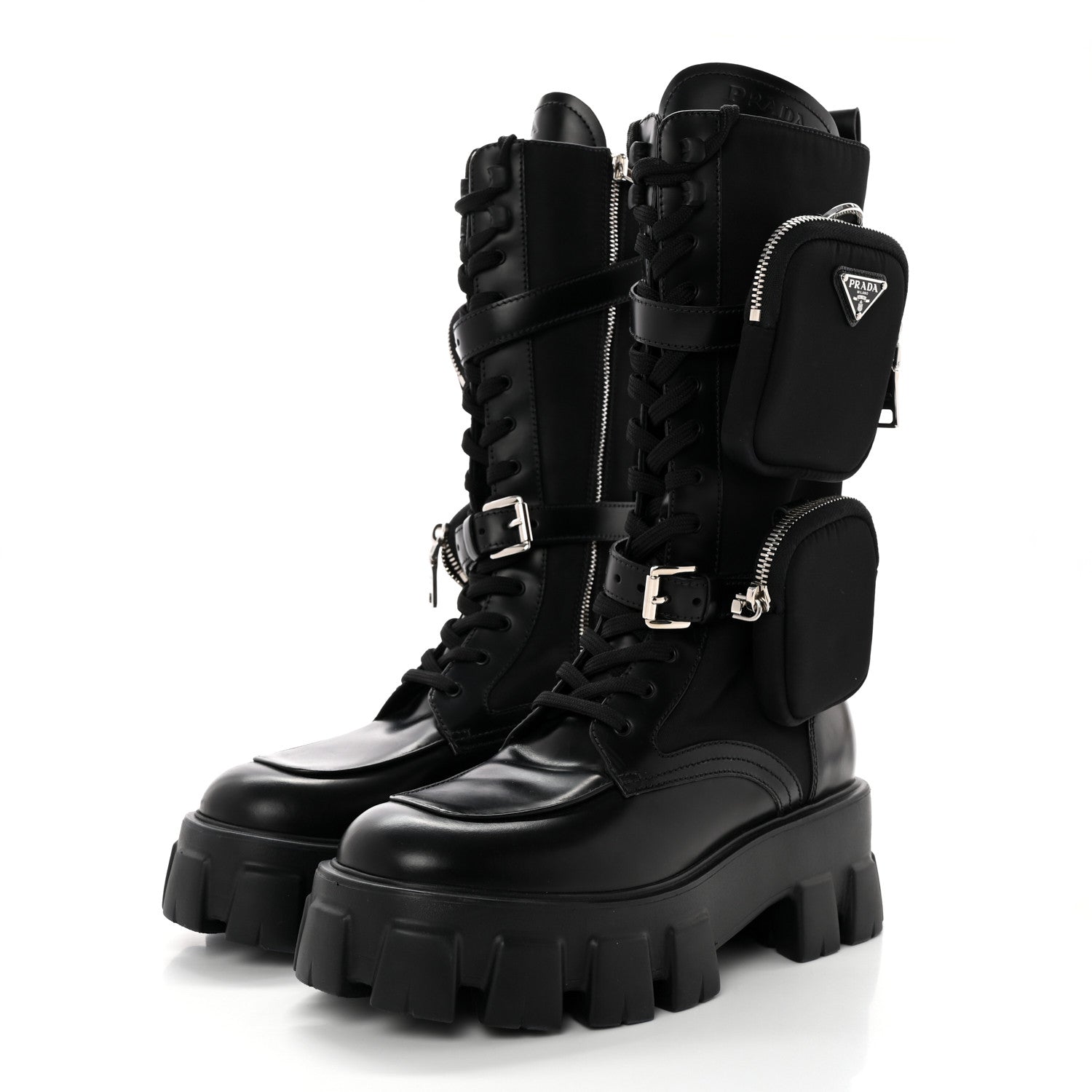 Prada Spazzolato Rois Re-Nylon Metal Triangle Logo Monolith Pouch Pocket 55mm Tall Combat Boots 39 Black 3 of 11