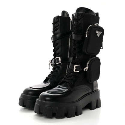 Prada Spazzolato Rois Re-Nylon Metal Triangle Logo Monolith Pouch Pocket 55mm Tall Combat Boots 39 Black 3 of 11