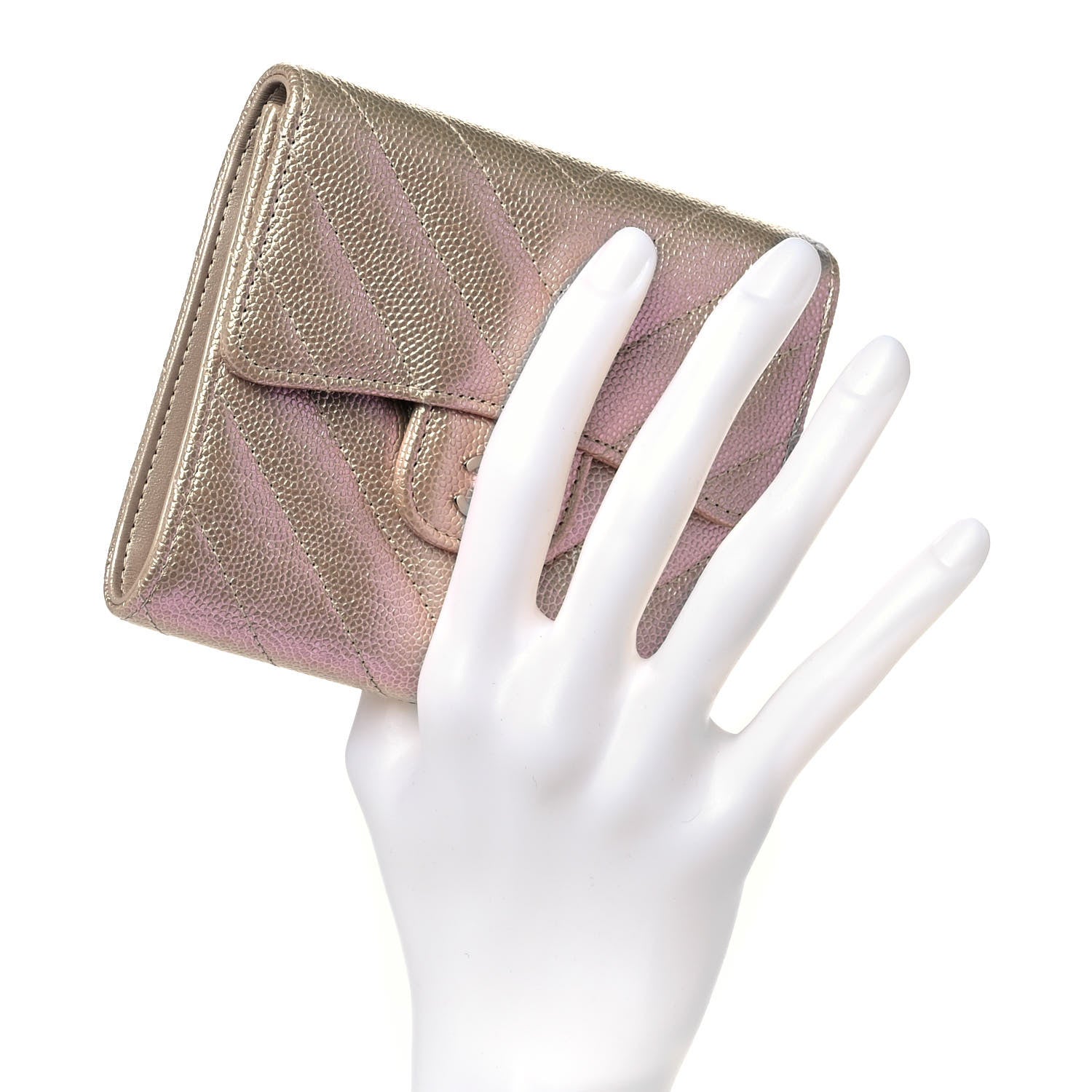 Chanel Metallic Caviar Chevron Quilted Compact Flap Wallet Light Gold 2 of 10