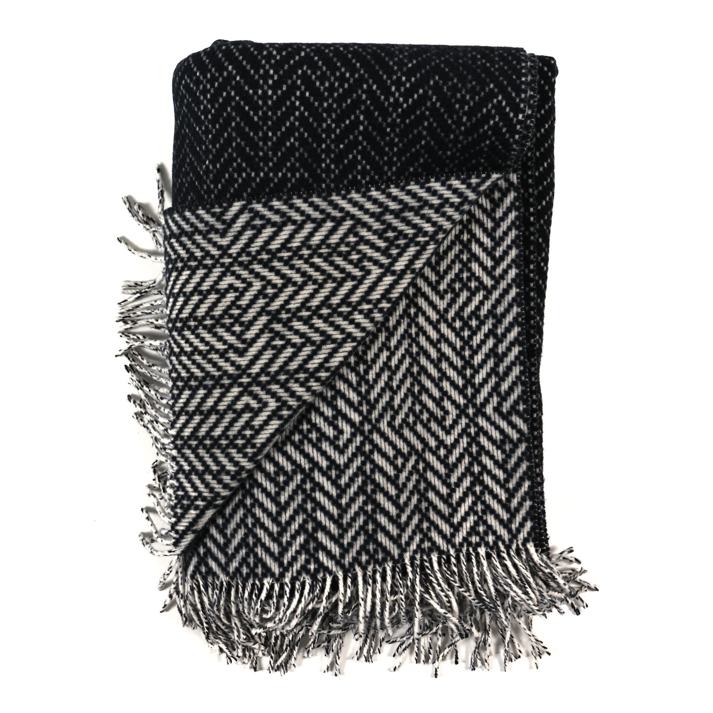 Wool Cashmere Fringe Herringbone Blanket Ecru Black