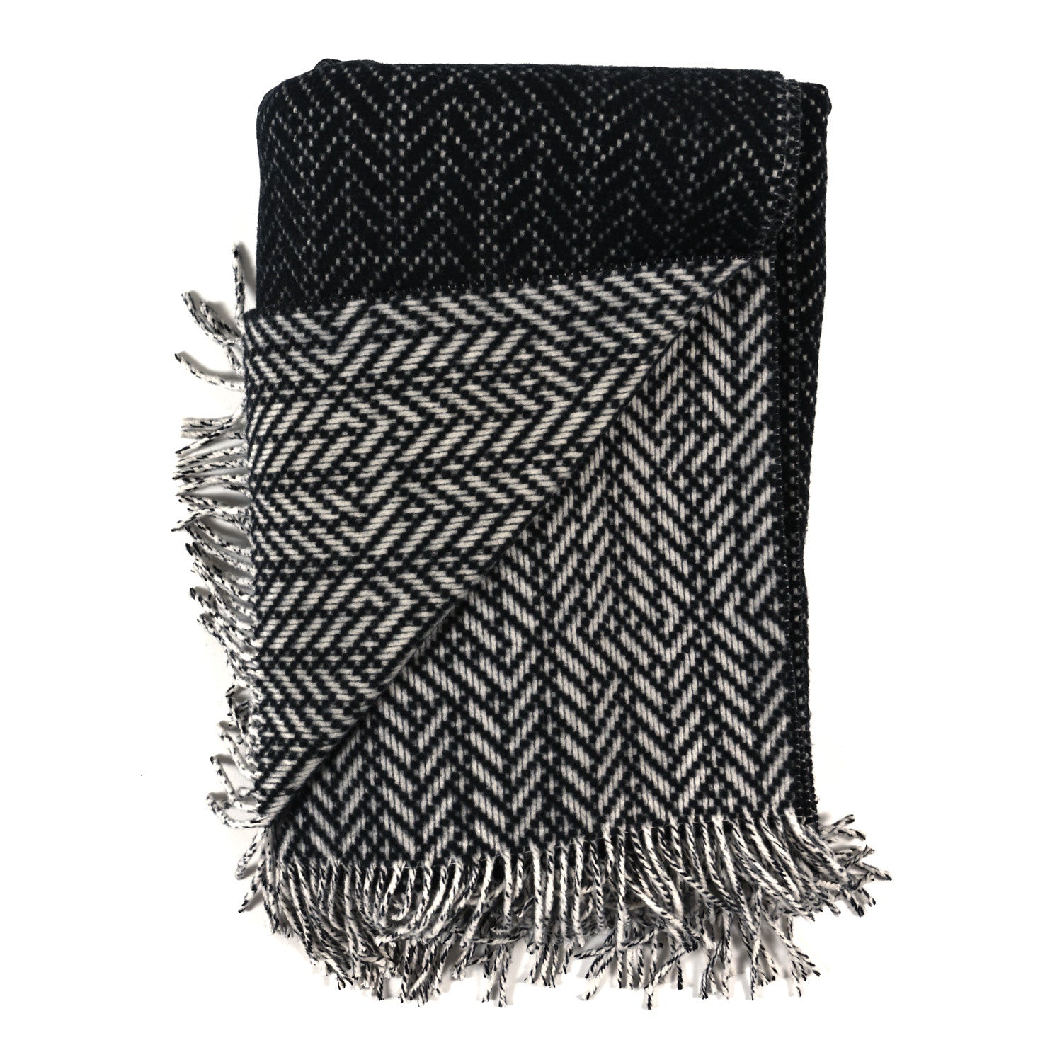 Hermes Wool Cashmere Fringe Herringbone Blanket Ecru Black 2 of 3