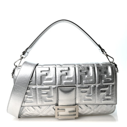 Fendi Vitello Catalan Mirror FF 1974 Embossed Large Baguette Argento 1 of 9