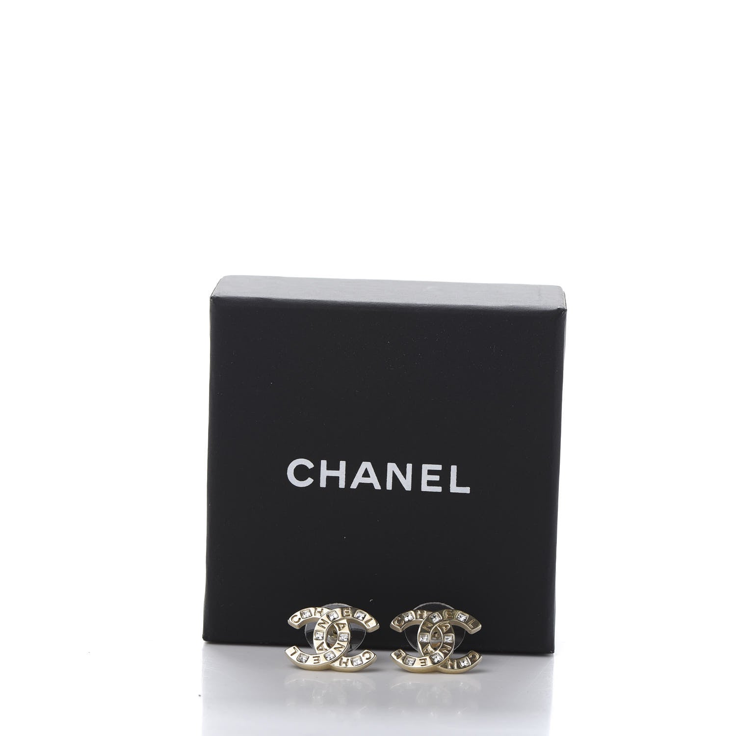 Chanel Crystal Metal CC Paris Button Stud Earrings Gold 5 of 5