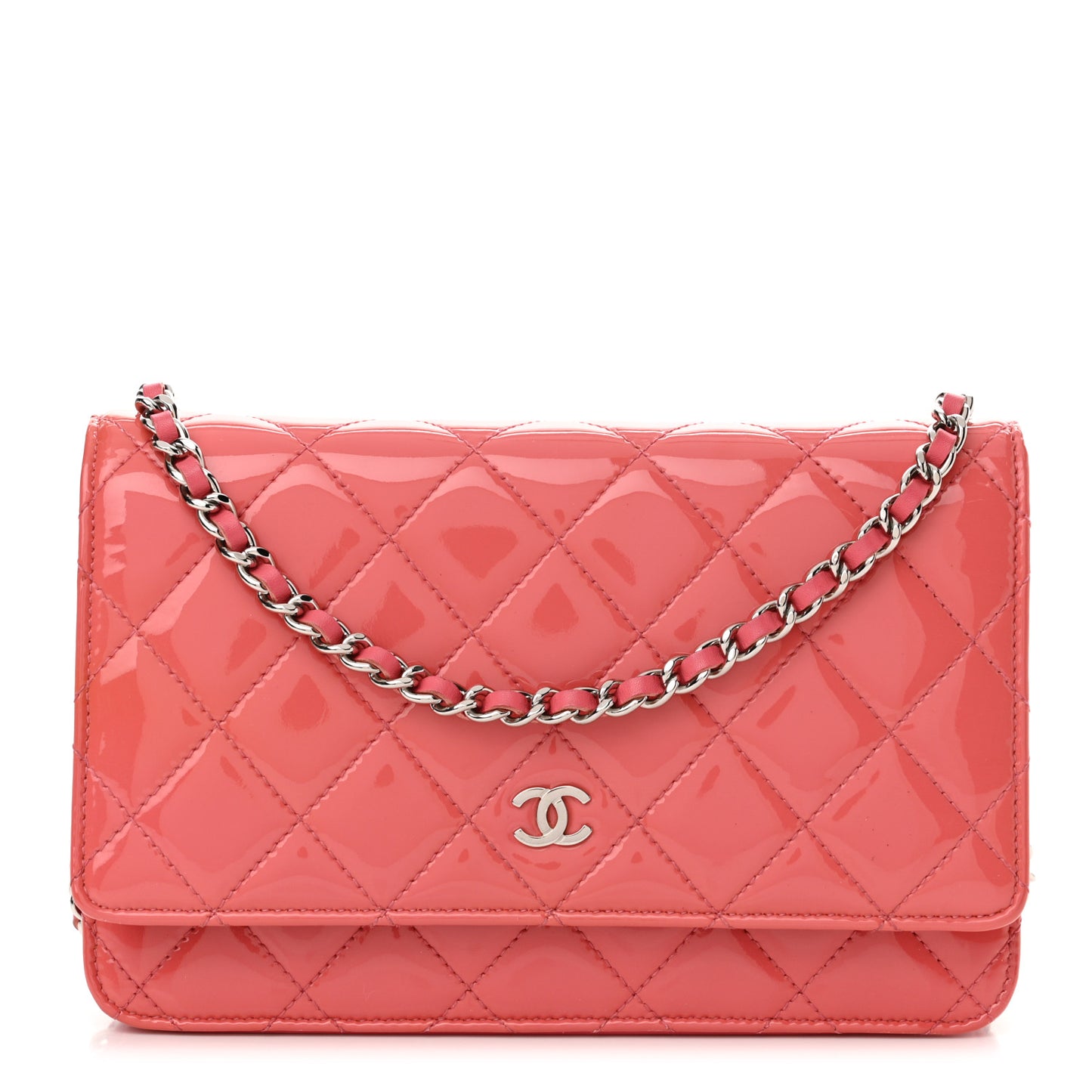 Patent Calfskin Quilted Wallet On Chain WOC Pink