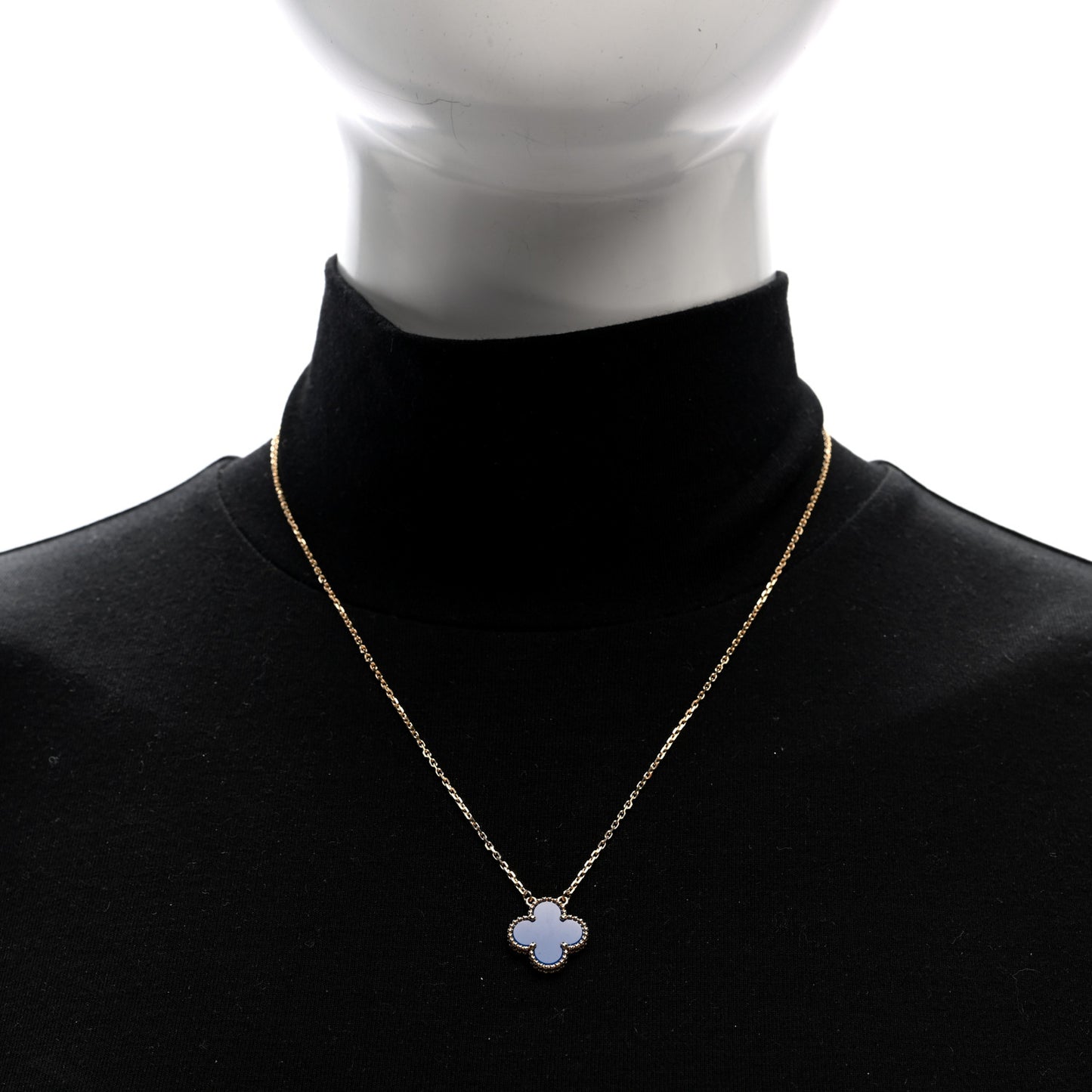 18K Yellow Gold Blue Agate Vintage Alhambra Pendant Necklace