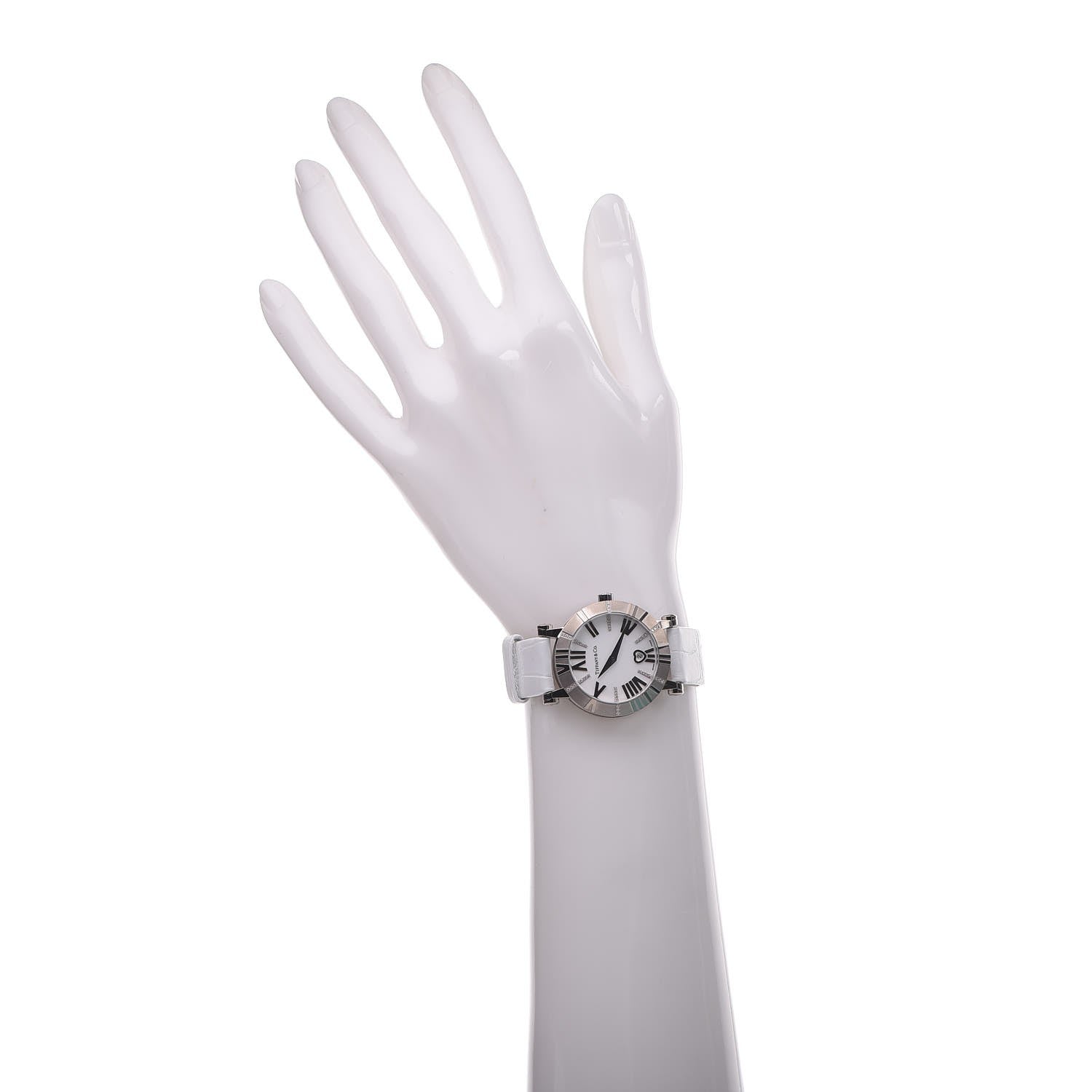 Tiffany 18K White Gold Alligator Diamond 30mm Atlas Quartz Watch 2 of 7
