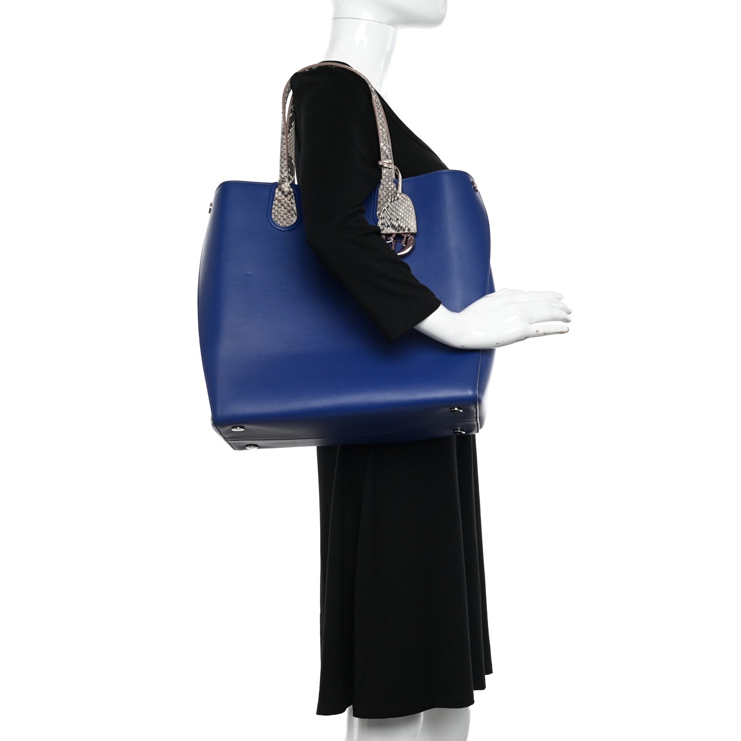 Christian Dior Calfskin Snakeskin Handle Addict Shopping Tote Blue 2 of 12