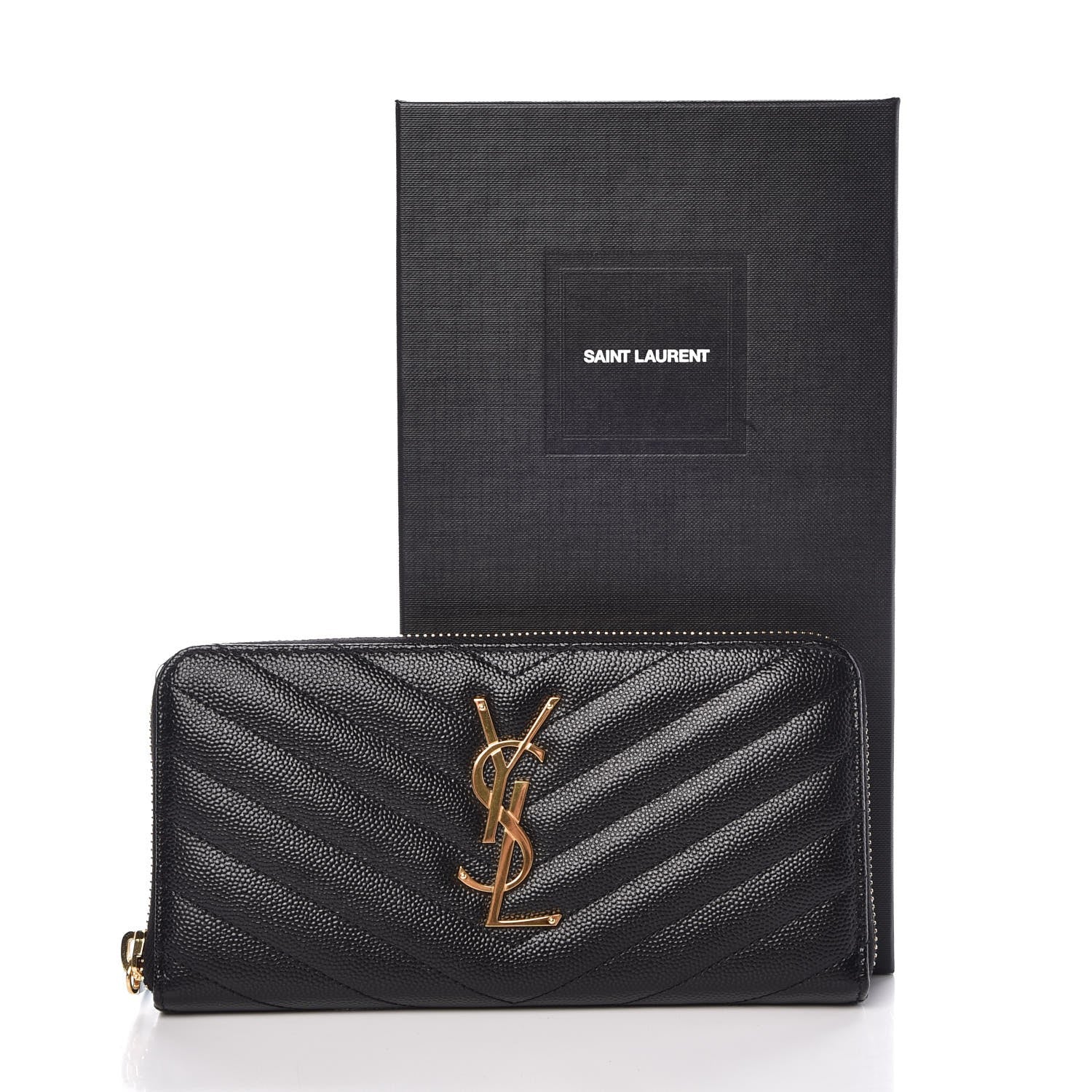Saint Laurent Grain De Poudre Matelasse Chevron Monogram Zip Around Wallet Black 7 of 7
