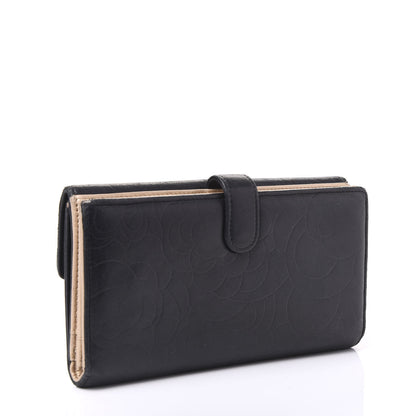 Chanel Lambskin Camellia Embossed Long Double Wallet Black 2 of 9