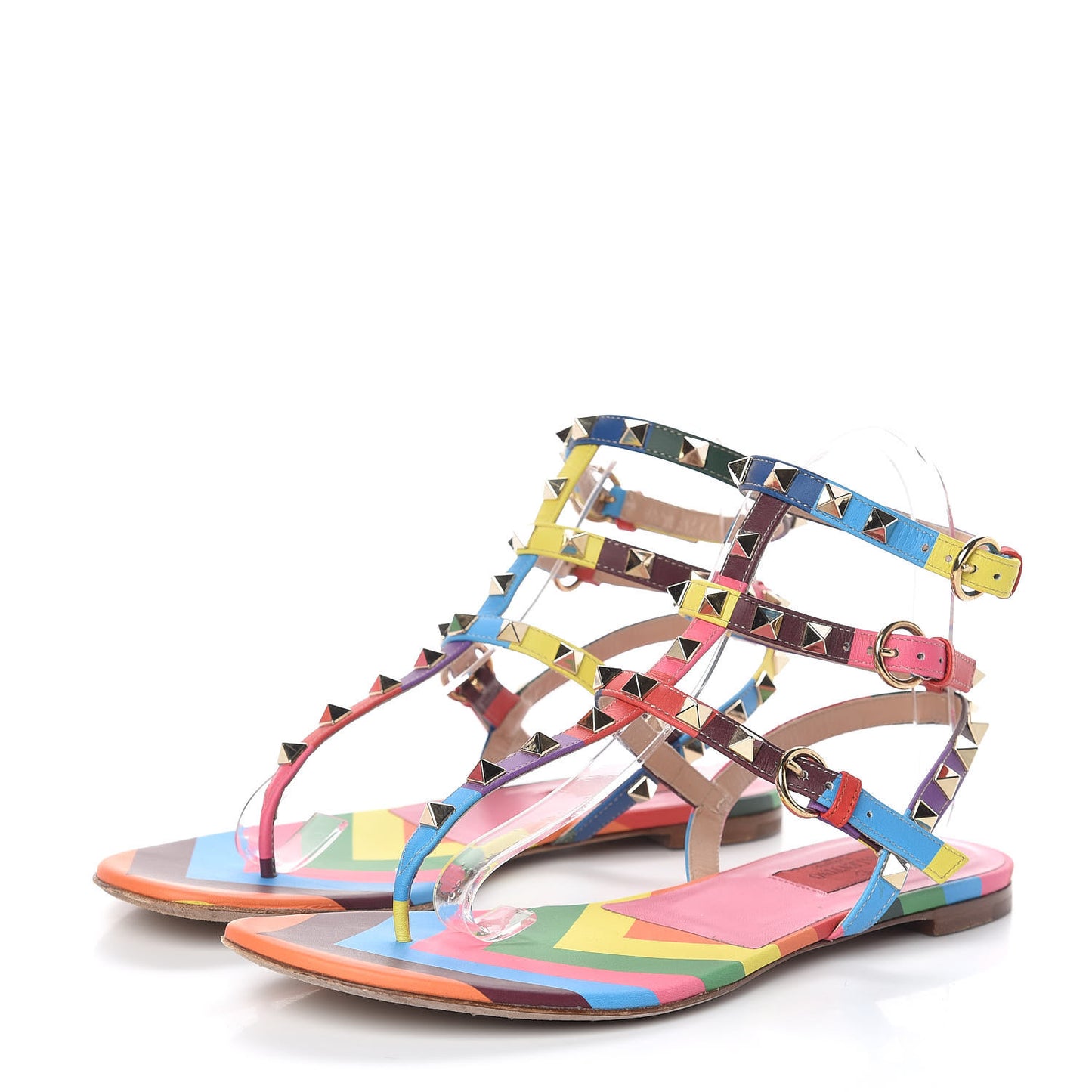 Calfskin 1973 Rockstud Ankle Wrap Flat Thong Sandals 38 Multicolor