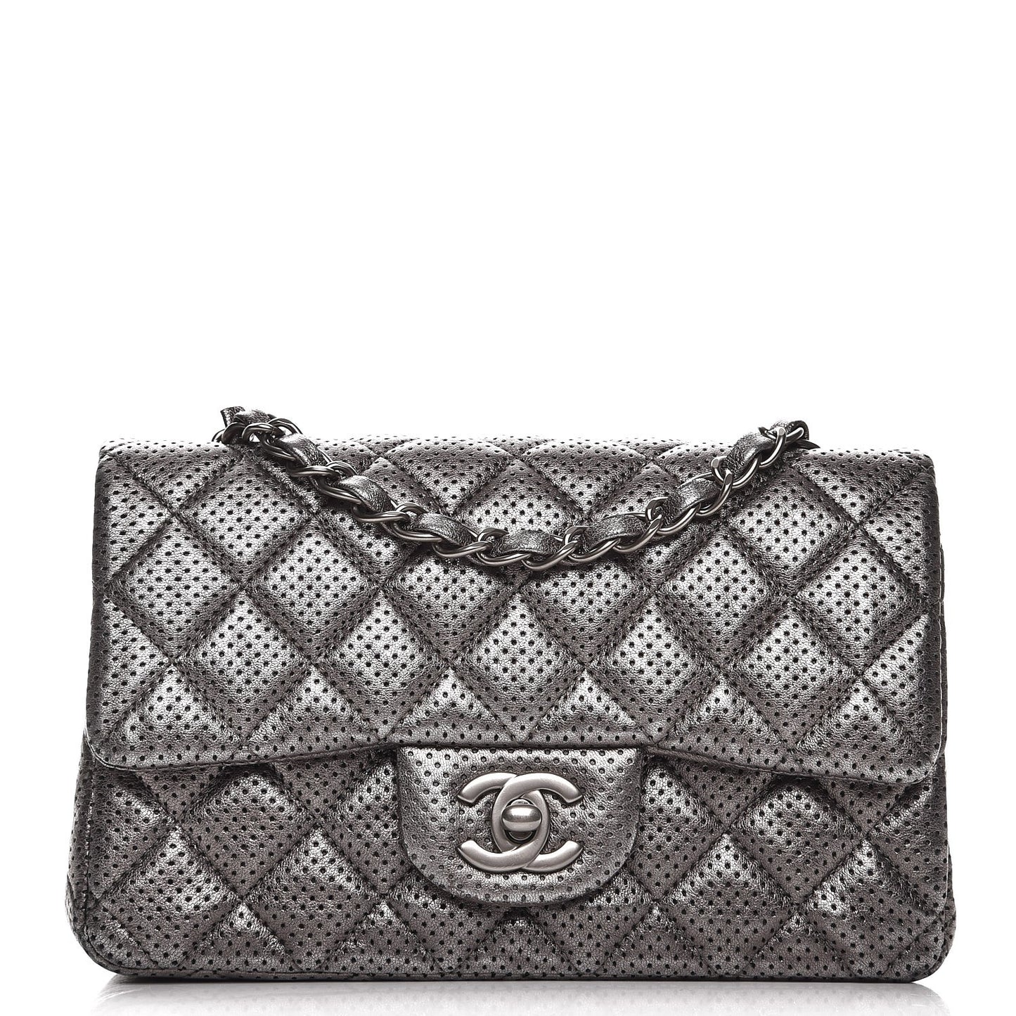 Metallic Lambskin Perforated Mini Rectangular Flap Grey