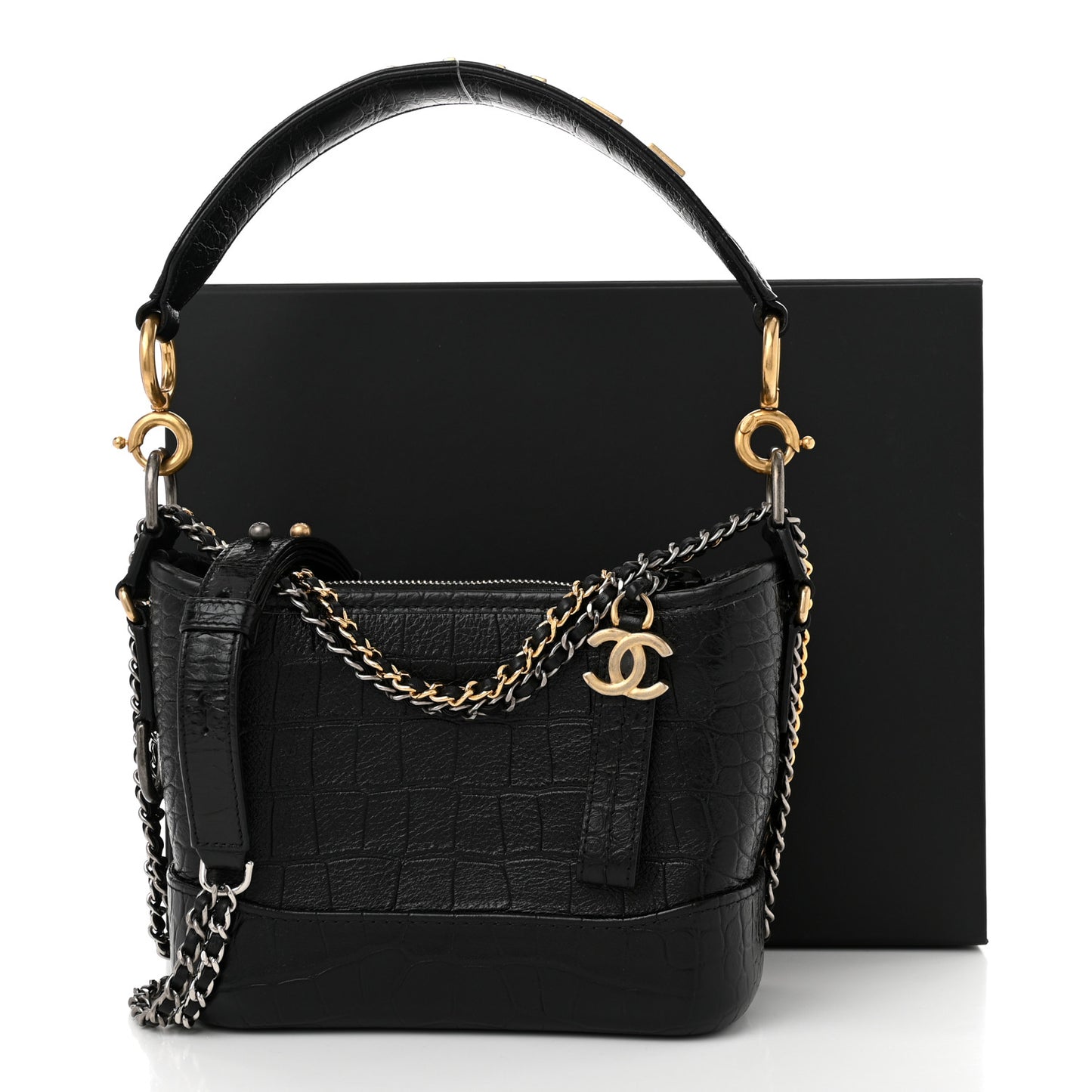 Crocodile Embossed Calfskin Small Gabrielle Cocodile Hobo Black