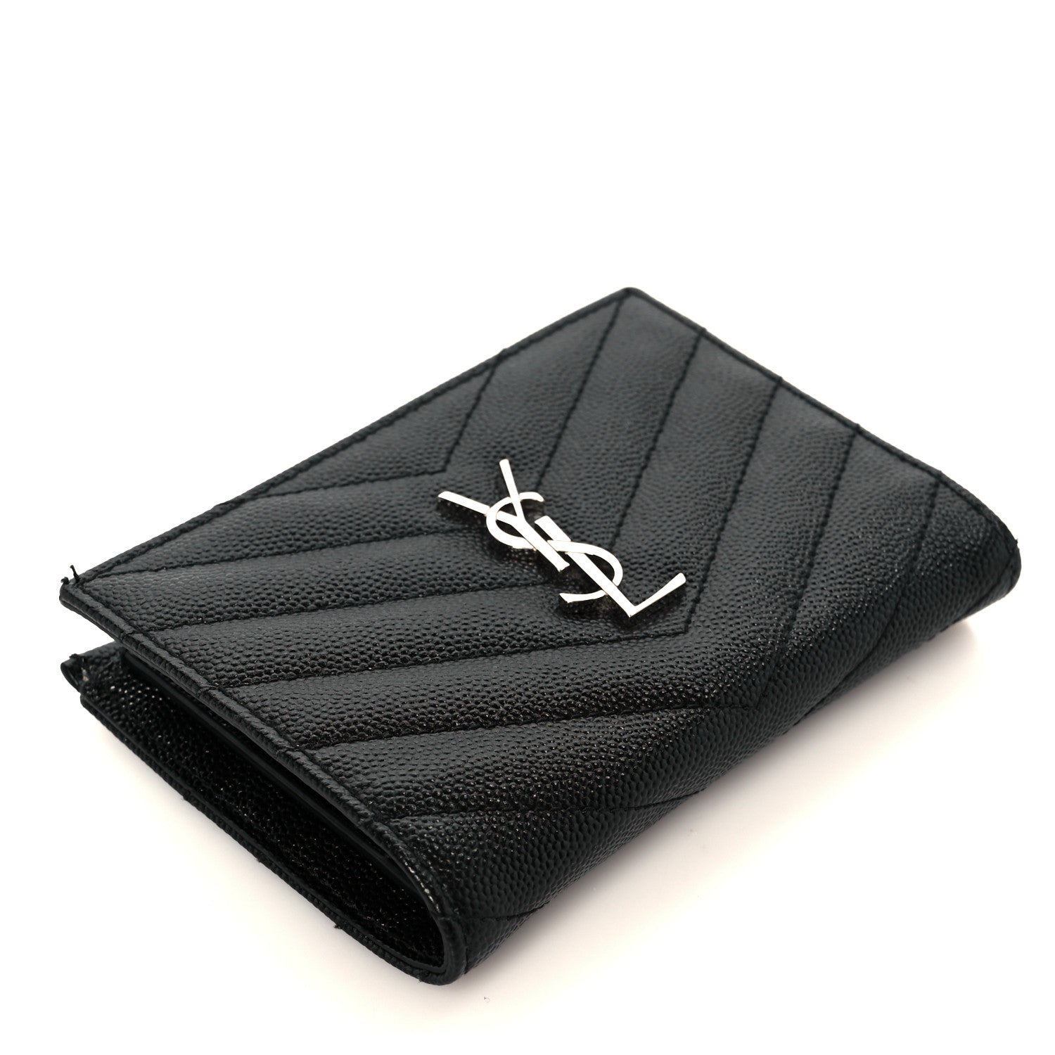 Saint Laurent Grain De Poudre Matelasse Chevron Monogram Zipped Two-Part Wallet Black 4 of 11