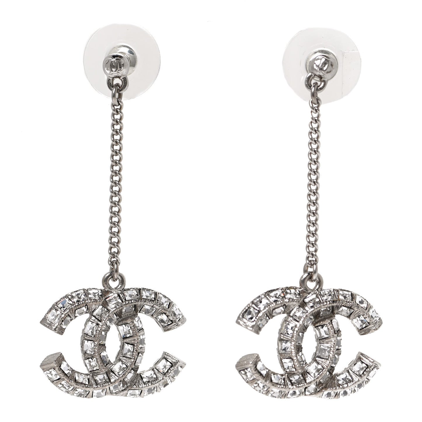 Baguette Crystal CC Drop Earrings Silver