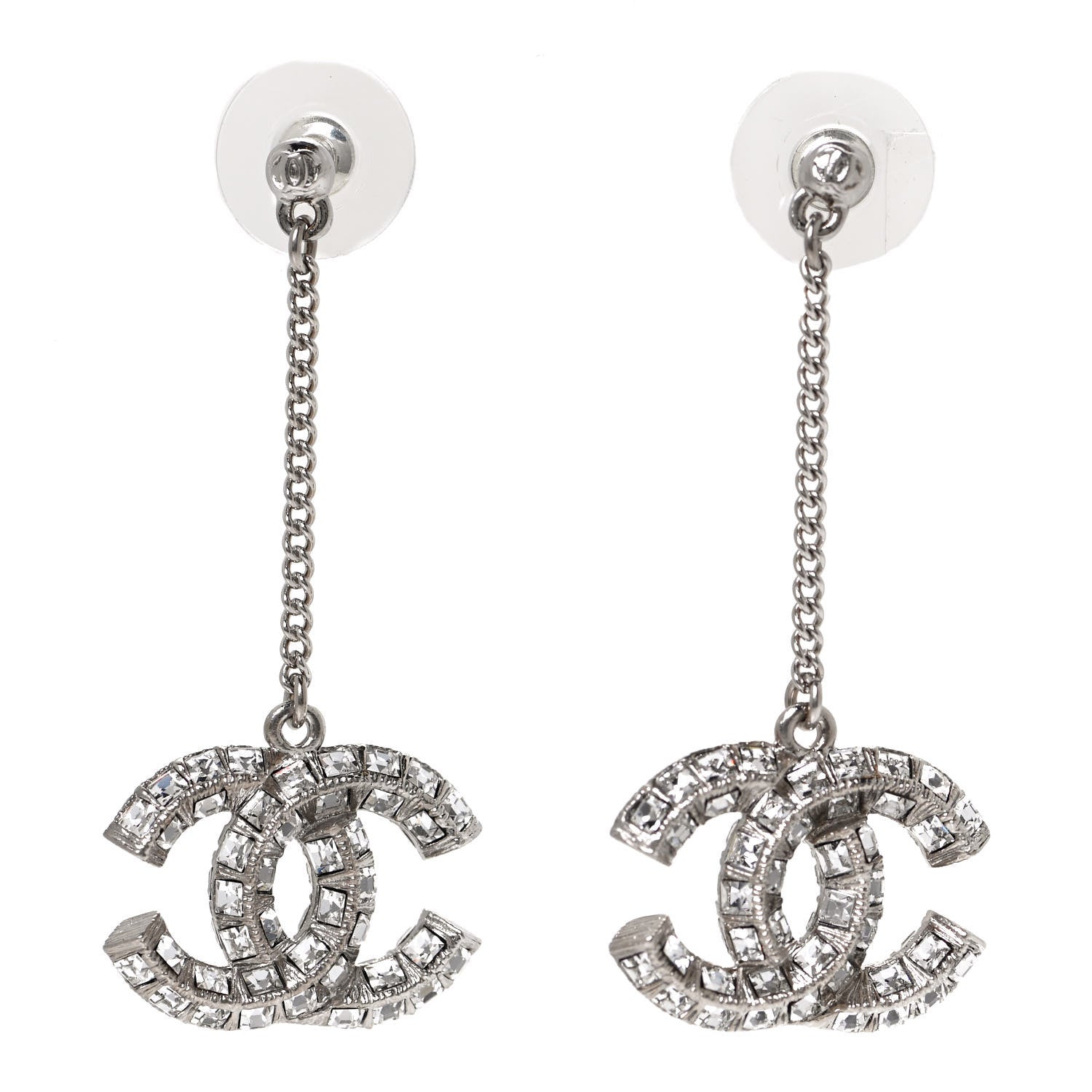 Chanel Baguette Crystal CC Drop Earrings Silver 1 of 4