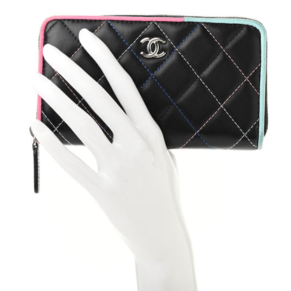 Chanel Lambskin Quilted Small Gusset Zip Around Wallet Black Pink Light Blue 2 of 12