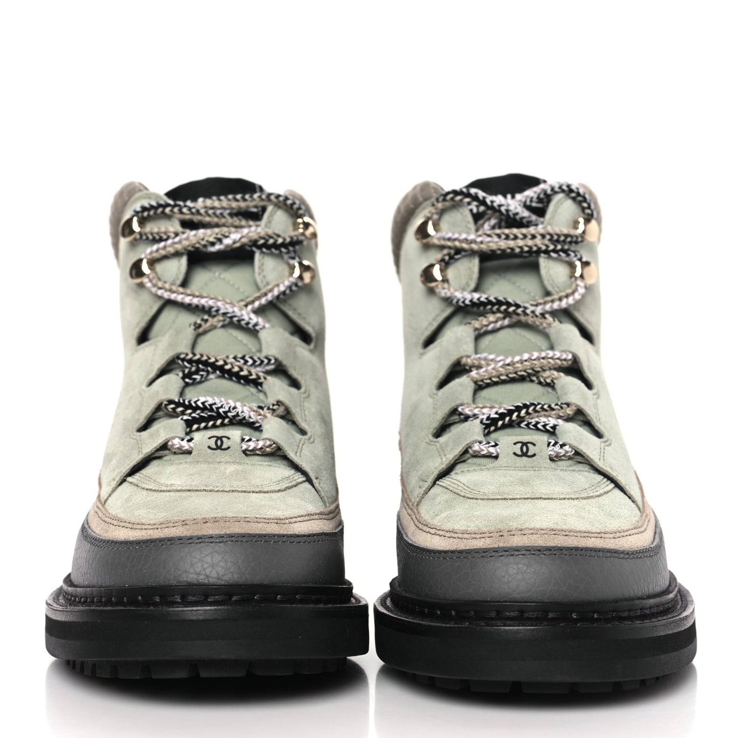 Suede Grained Calfskin CC Lace Up Boots 39 Light Green Dark Beige Gray