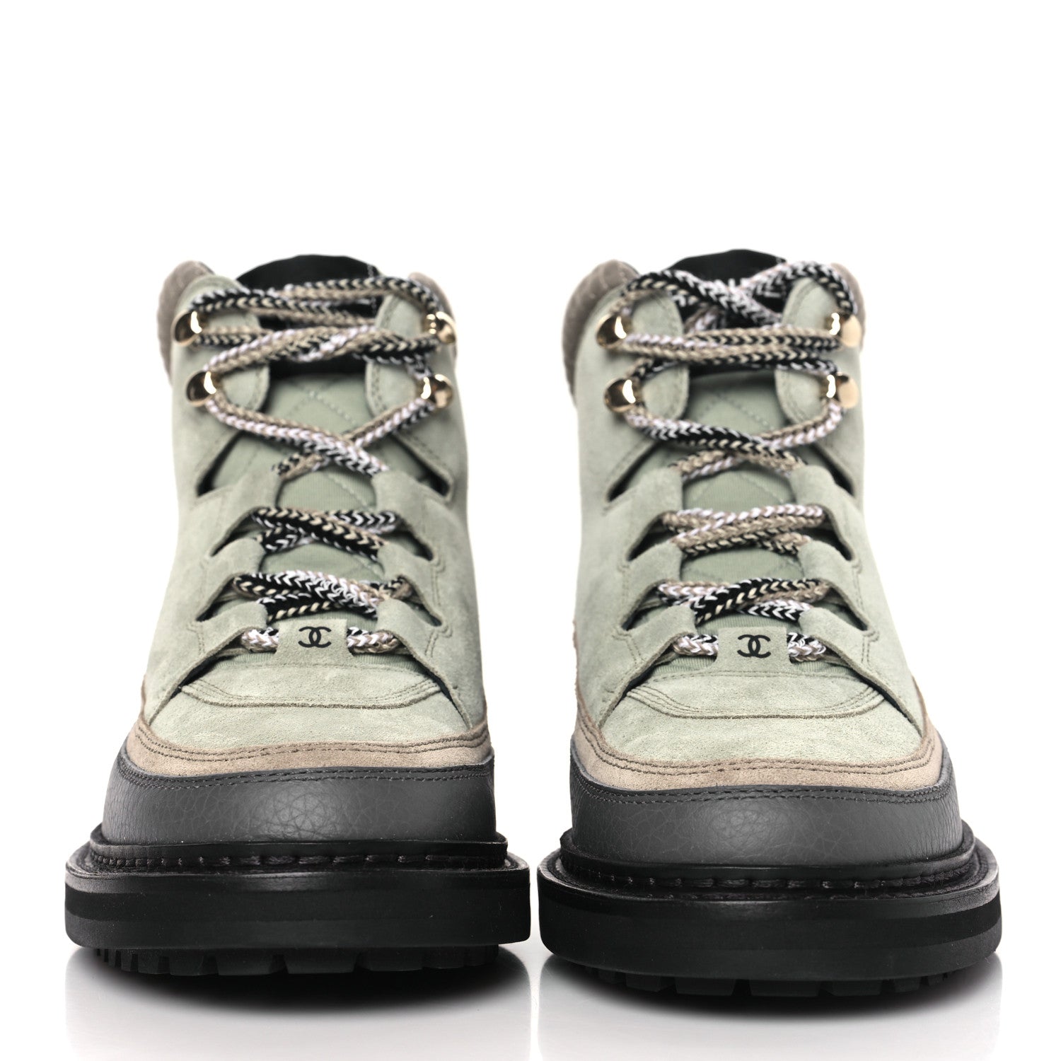 Chanel Suede Grained Calfskin CC Lace Up Boots 39 Light Green Dark Beige Gray 2 of 8