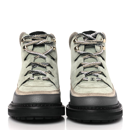 Chanel Suede Grained Calfskin CC Lace Up Boots 39 Light Green Dark Beige Gray 2 of 8