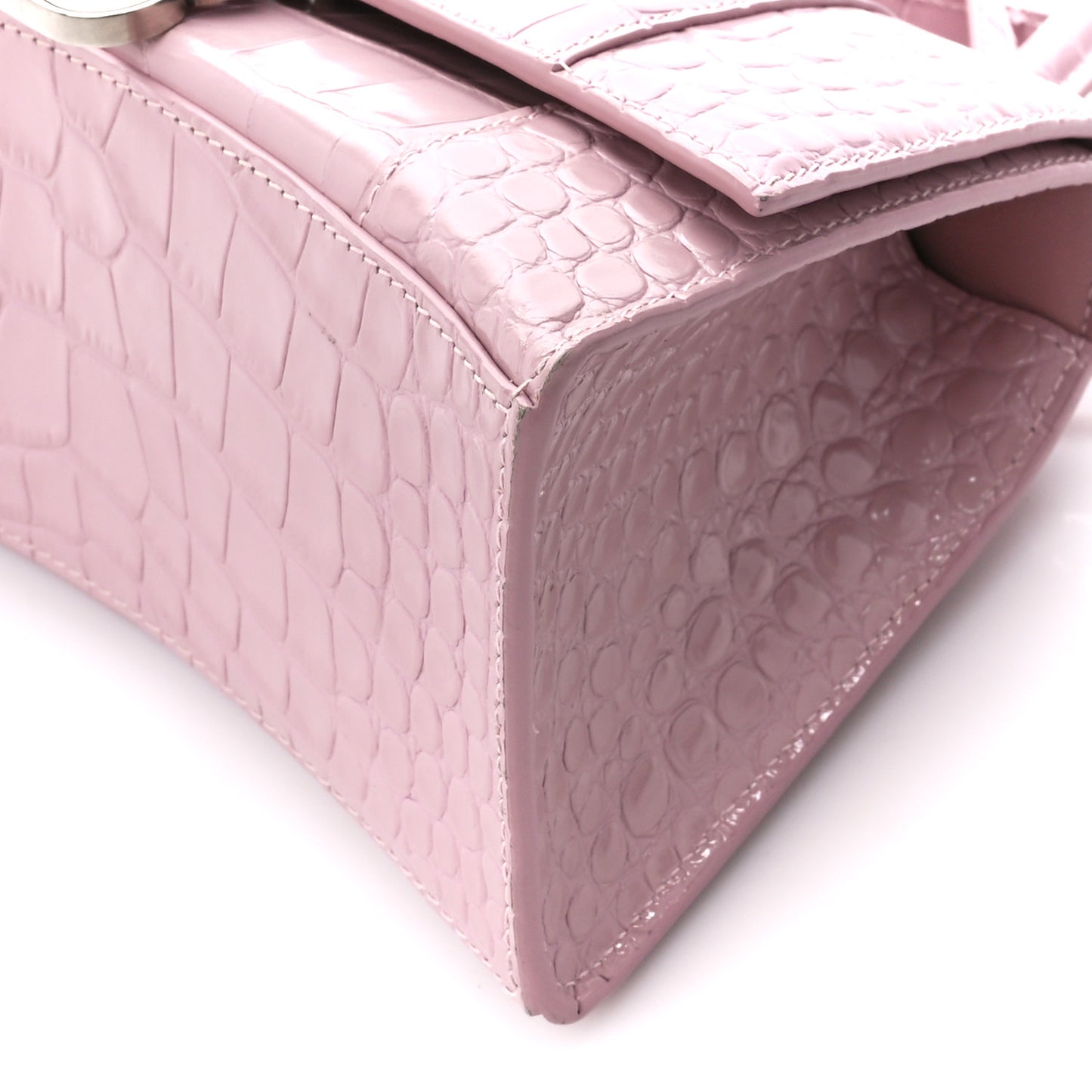 Shiny Calfskin Crocodile Embossed Small Hourglass Top Handle Bag Powder Pink