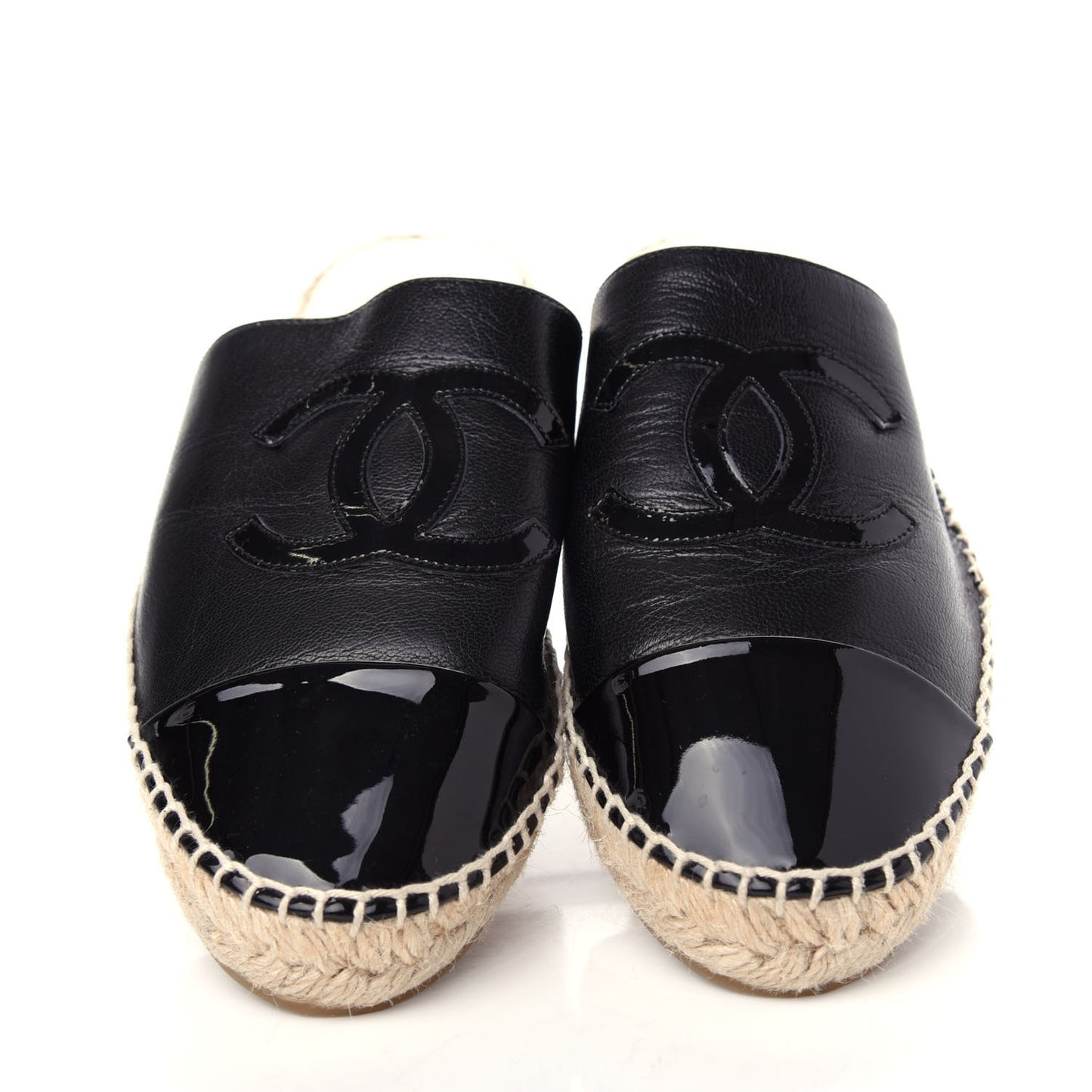 Goatskin Patent CC Espadrille Mules 38 Black