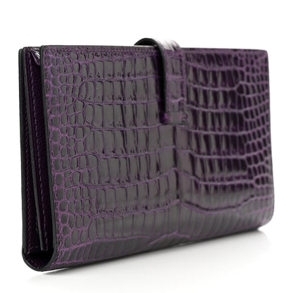 Hermes Shiny Porosus Crocodile 18K Gold Diamond Bearn Wallet Amethyst 3 of 8