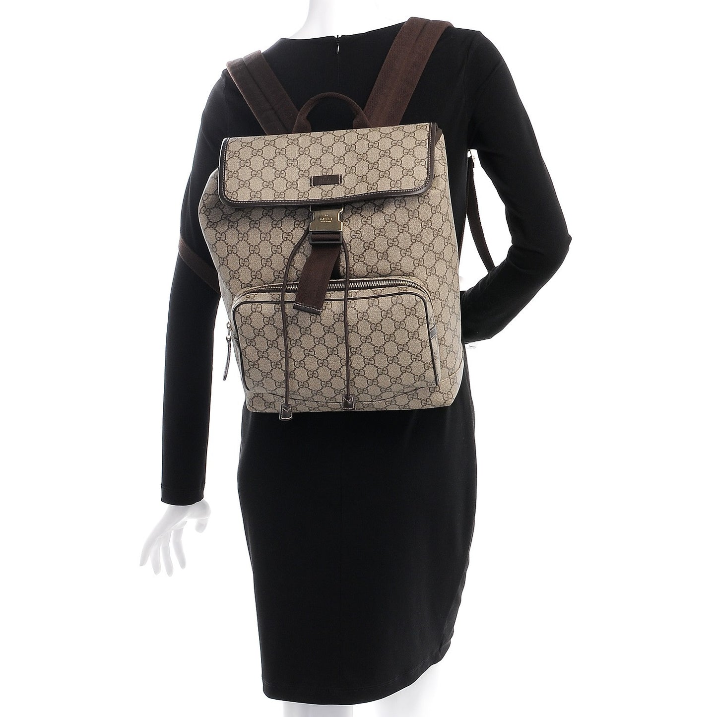GG Supreme Monogram Medium Single Buckle Rucksack Backpack Beige Ebony Brown