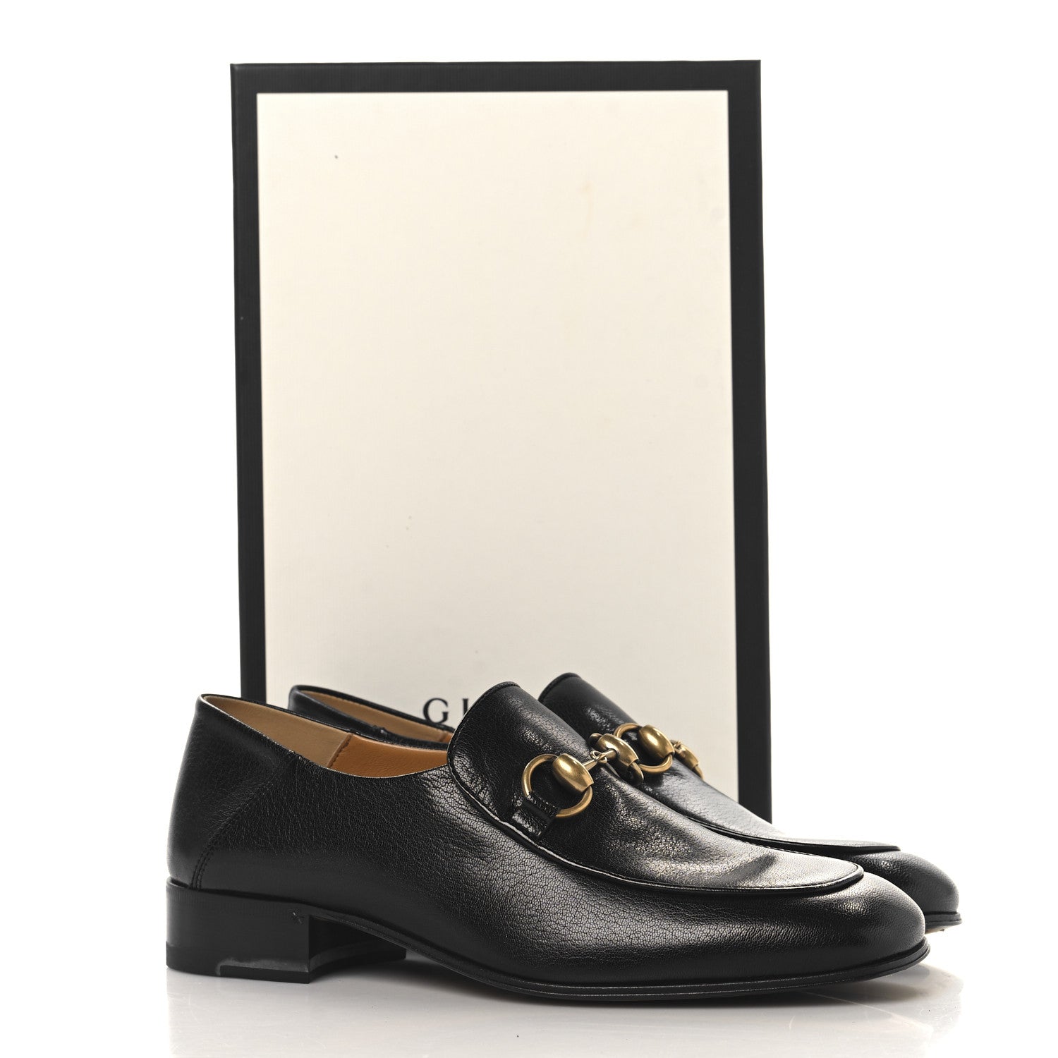 Gucci Goatskin Womens Horsebit Mid-Heel Loafers 37 Black 1737319