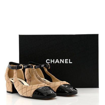Chanel Suede Kidskin Patent Cap Toe Quilted Mary Jane Flats 37 Beige Black 9 of 9