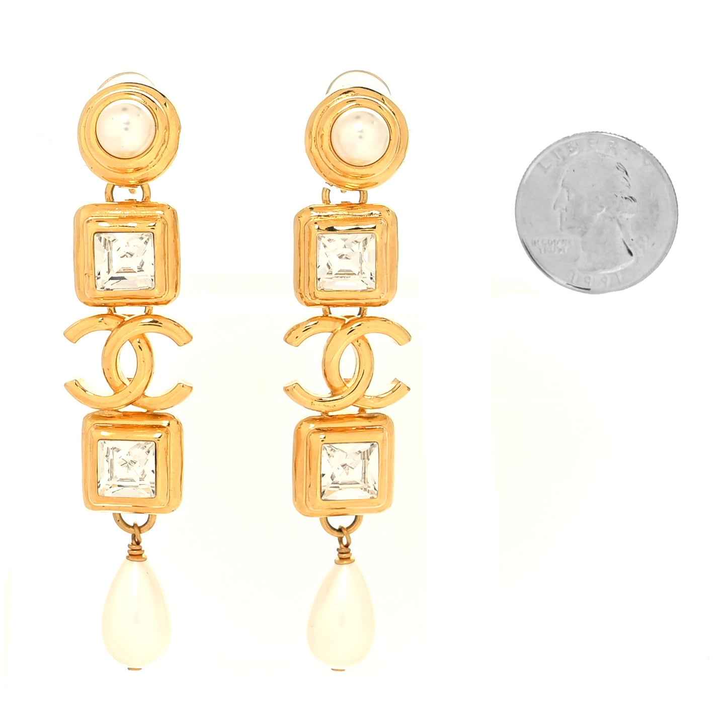 Crystal Pearl Large CC Drop Clip-On Earrings Gold