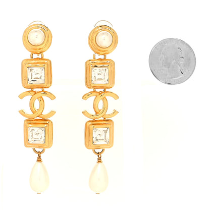 Chanel Crystal Pearl Large CC Drop Clip-On Earrings Gold 2 of 4