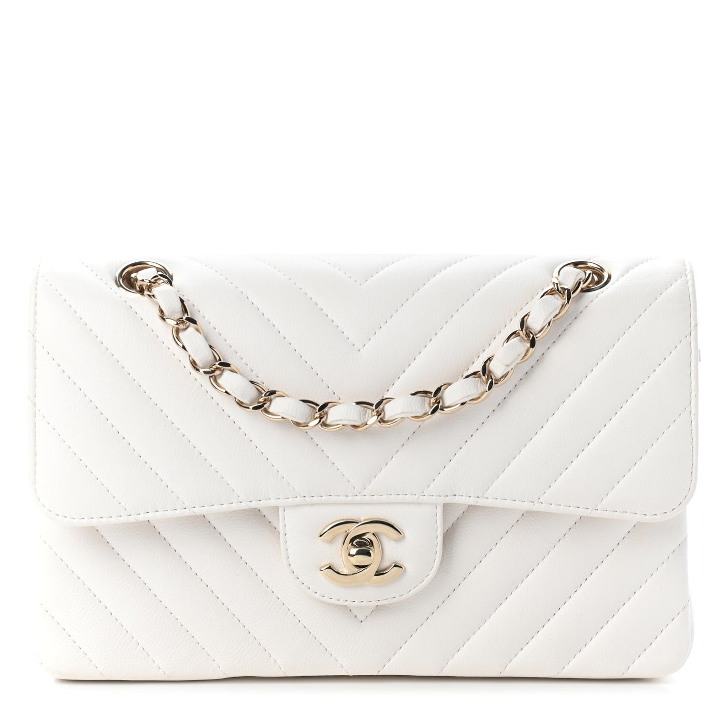 Caviar Chevron Quilted Small Double Flap White