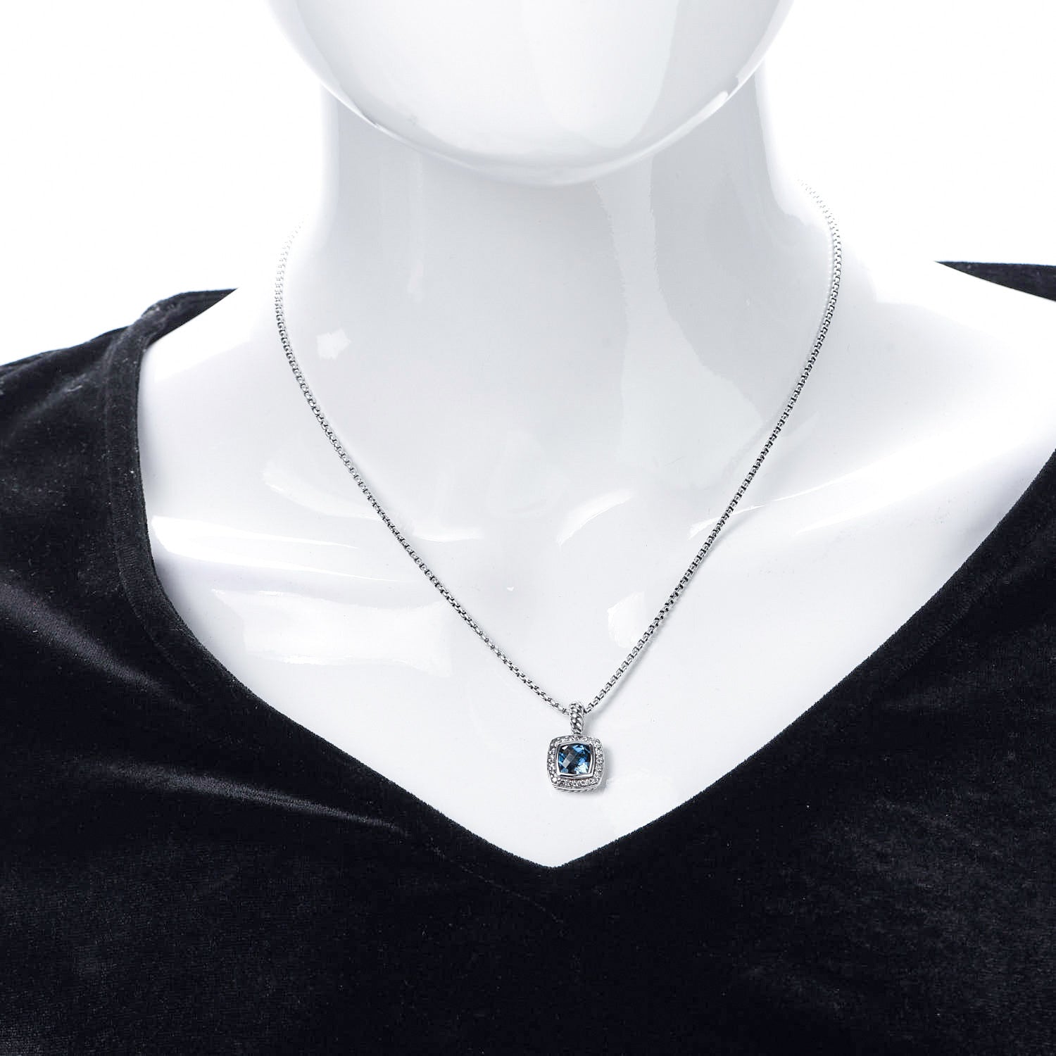 David Yurman Sterling Silver Diamond Hampton Blue Topaz 7mm Petite Albion Pendant Necklace 1 of 7