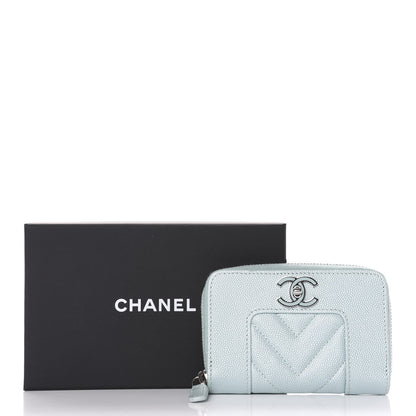 Chanel Metallic Caviar Chevron Quilted Vintage Mademoiselle Zip Coin Purse Light Blue 8 of 8