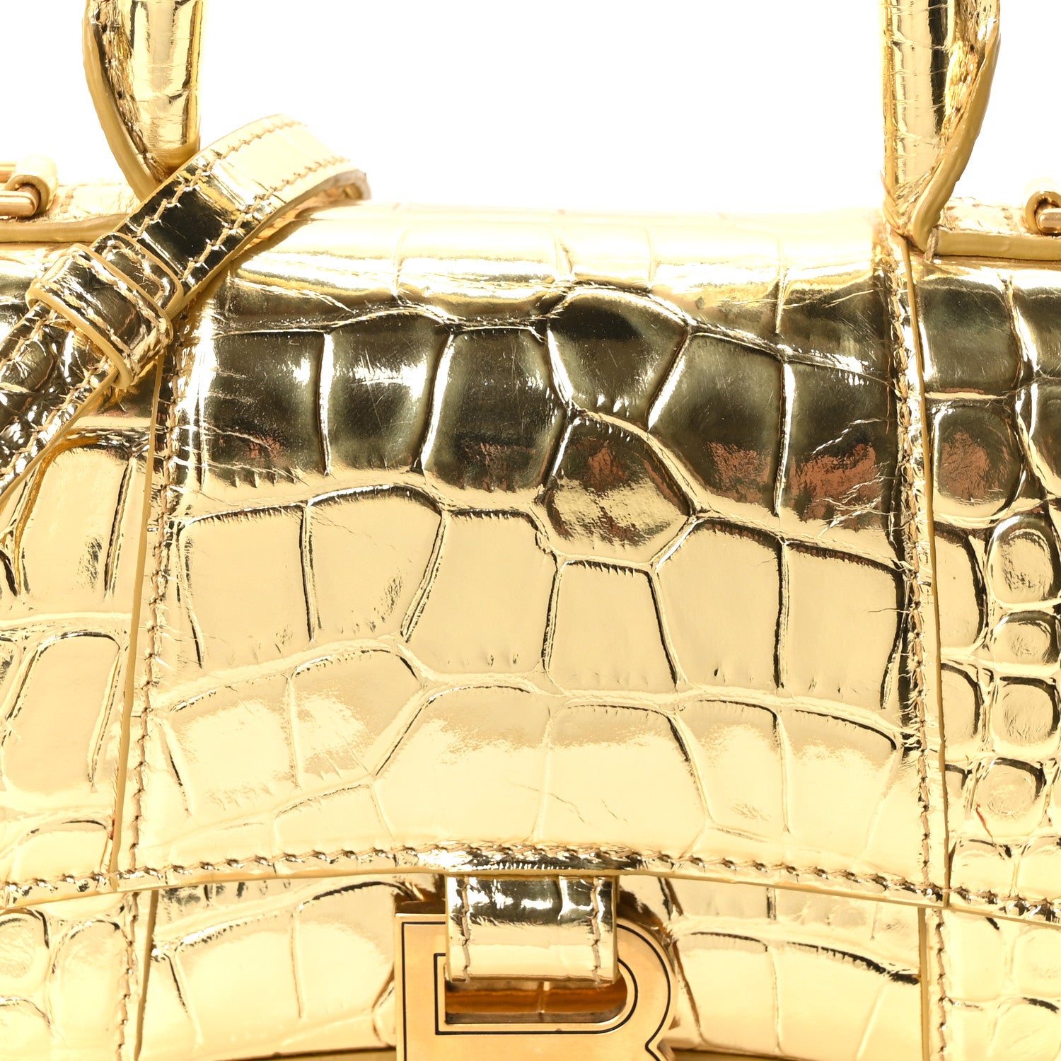 Balenciaga Metallic Calfskin Crocodile Embossed Hourglass Top Handle Bag XS Gold 7 of 9