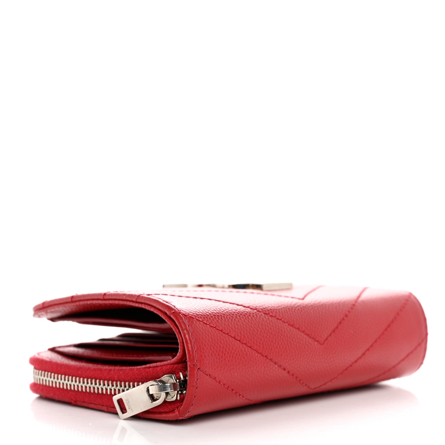 Saint Laurent Grain De Poudre Matelasse Chevron Monogram Compact Zip Around Wallet Red 4 of 9