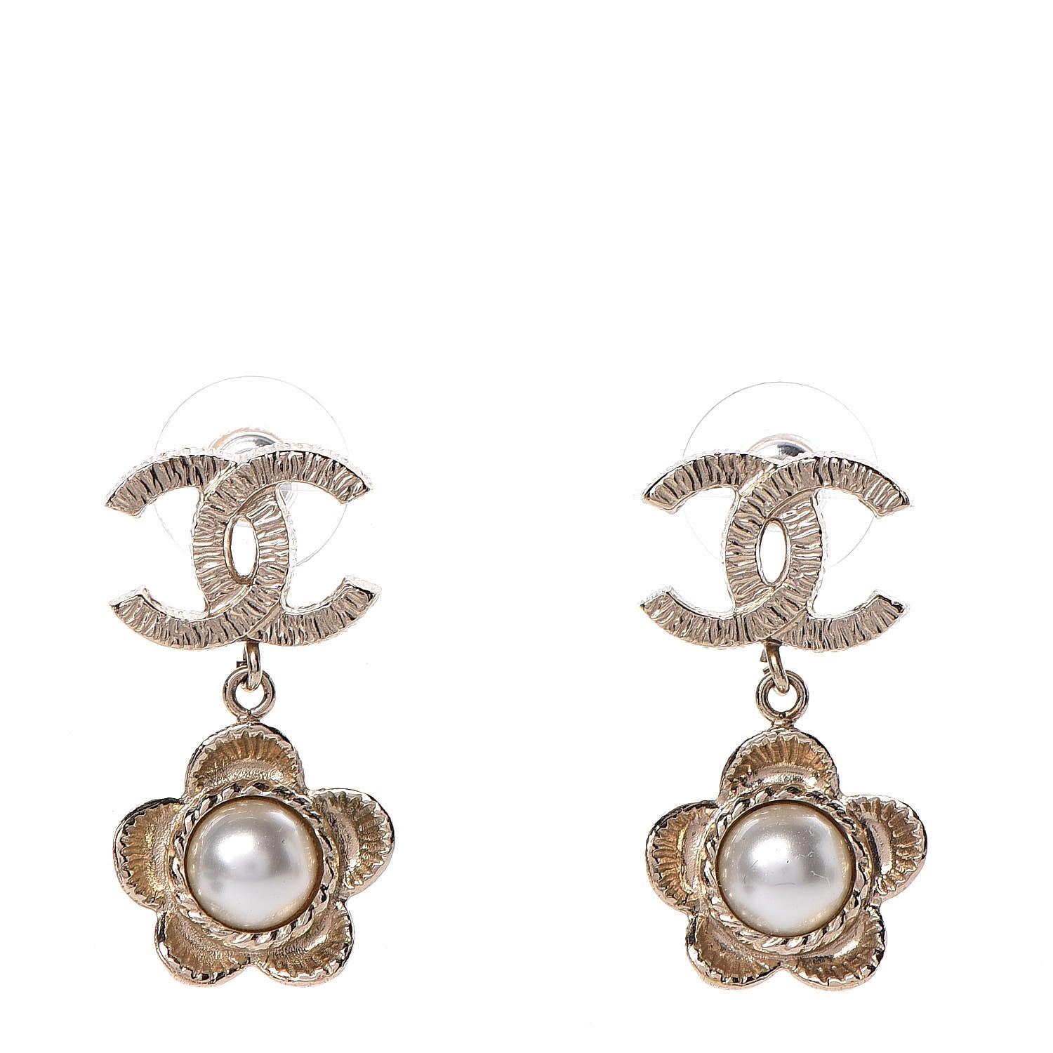 Chanel Pearl Camellia CC Drop Earrings Gold 1 of 4
