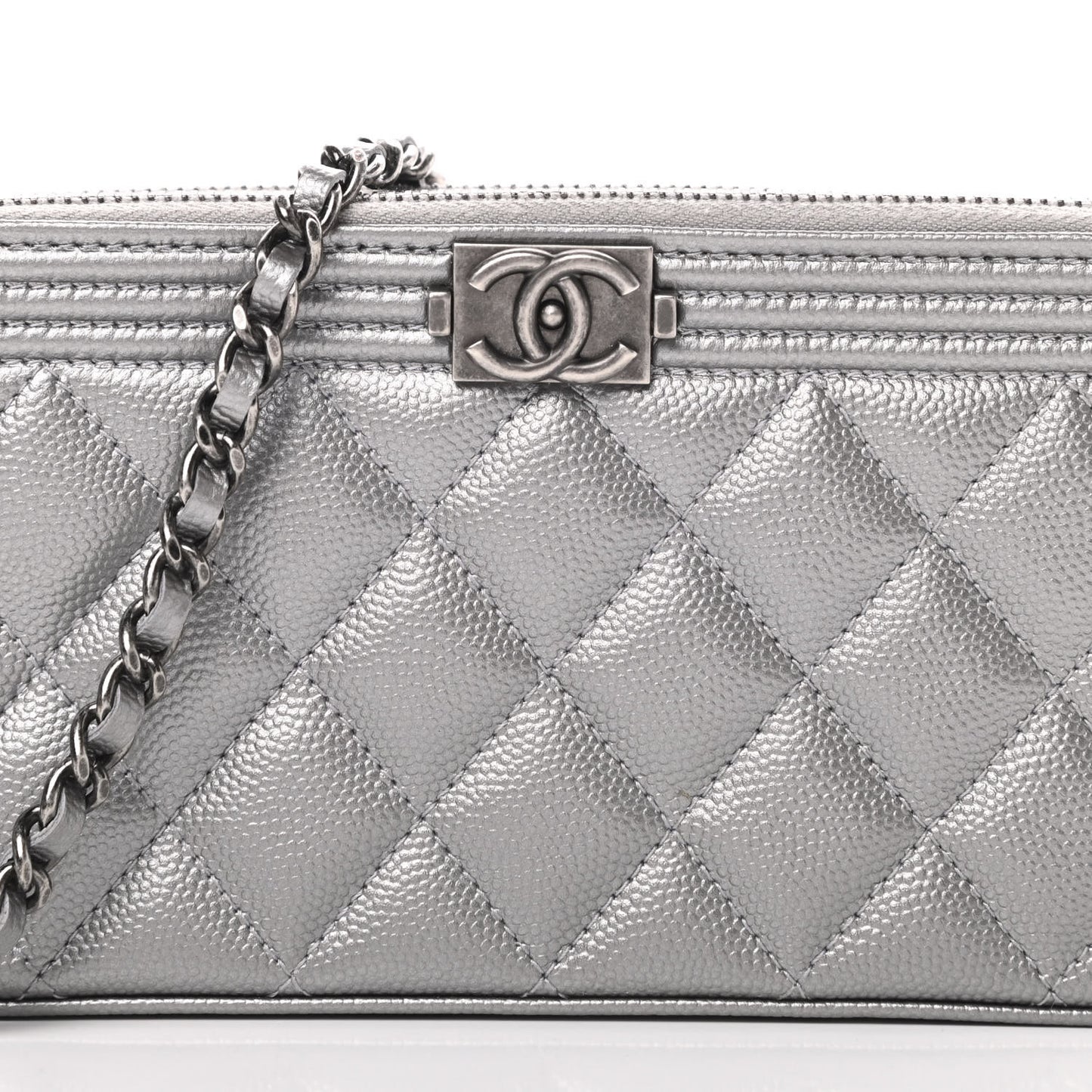 Metallic Caviar Quilted Small Boy Clutch With Chain Silver