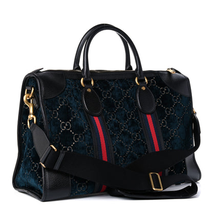 Gucci Velvet GG Monogram Textured Calfskin Web Medium Duffle Bag Blue Beige Black 2 of 11