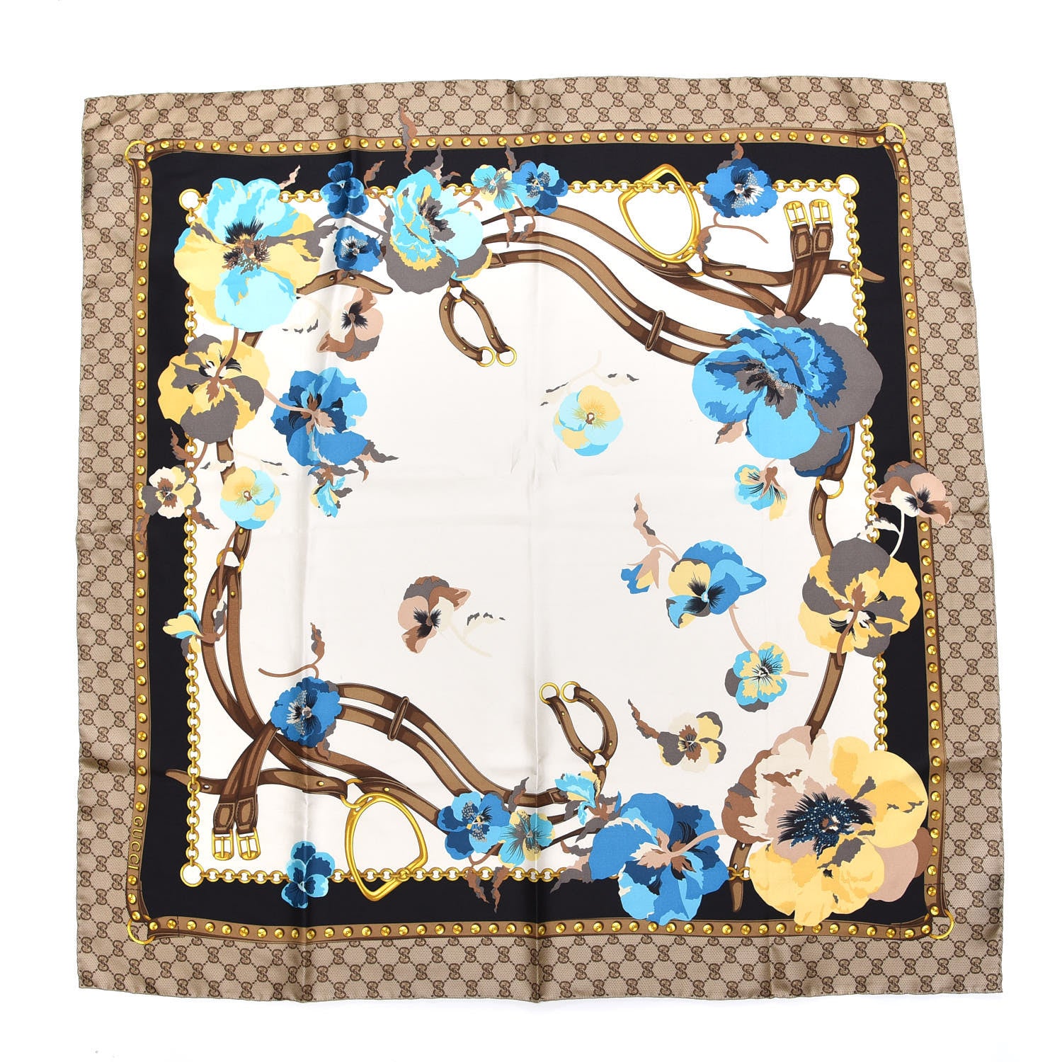 Gucci Silk Twill GG Monogram New Panshie Square Scarf Black Sky Blue 1 of 5